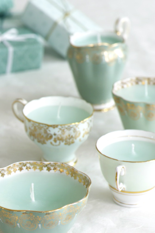 DIY turquoise teacup tea cup candles shabby chic decor ideas design vintage victorian party